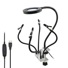 Led 3x lupa bancada vise mesa braçadeira de solda ajudando a mão estação de solda usb 5pc flexível braços terceira mão ferramenta