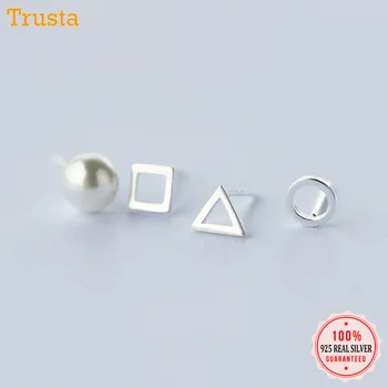 

Trustdavis 4Pcs 100% 925 Sterling Silver Jewelry Hollow Square Triangle Round Beads Stud Earrings Gift For Girls Kids Lady DA51
