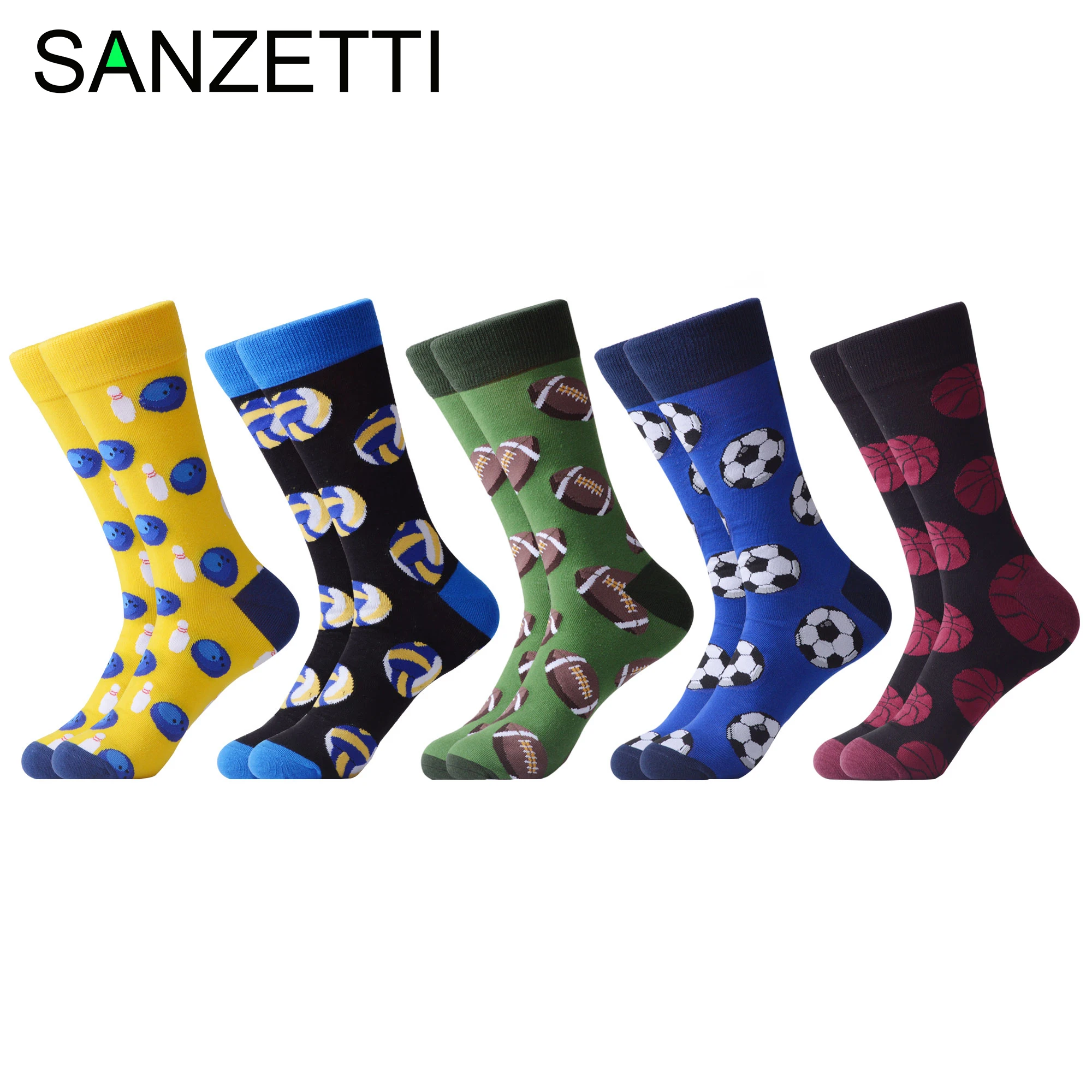 

SANZETTI 5 Pairs/Lot New Style Men Casual Combed Cotton Happy Crew Socks Golf Footbal Pattern Party Gifts Creative Dress Socks