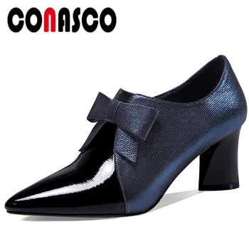 

CONASCO Women Fashion Mature Wedding Party Shoes 2020 Spring New Butterfly Knot Thick Heels Pointed Toe Side Zipper Shoes Woman