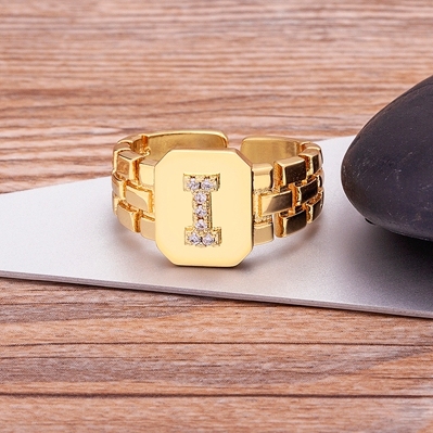 Arrival Fashion Gold Color Initial Ring Open Design Adjustable Hot Sale Watchband Chain A-Z Letters Zircon Rings For Women