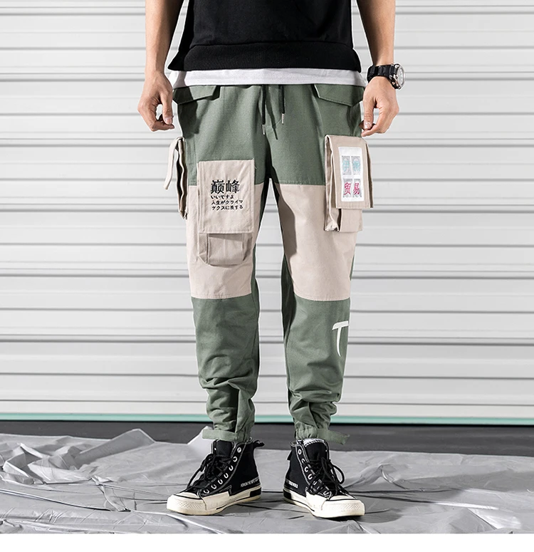 Pockets Cargo Pants Men Letter Embroidery Hip Hop Harem Joggers Color Patchwork Track Trousers Man Skateboard Streetwear