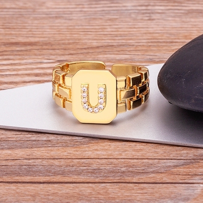 Arrival Fashion Gold Color Initial Ring Open Design Adjustable Hot Sale Watchband Chain A-Z Letters Zircon Rings For Women