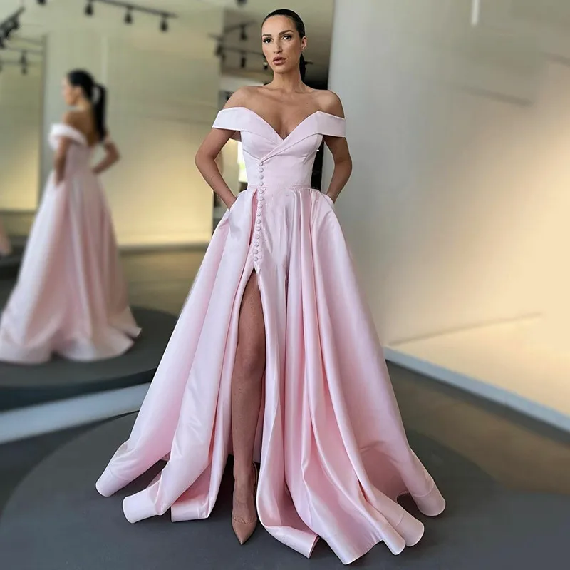 women's formal dresses & gowns Elegant Arabic Long Evening Dresses 2022 A Line Off The Shoulder Red Satin Side Split Buttons Robe De Soirée Femme With Pocket evening wear dresses Evening Dresses