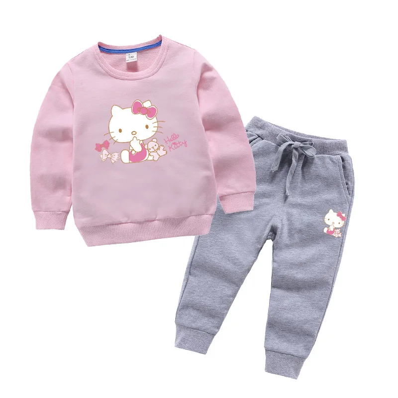 Комплекты одежды для девочек с принтом «hello kitty», толстовка с длинными рукавами+ штаны, Осенняя детская одежда для малышей 2, 3, 4, 5, 6, 7, 8, 9 лет - Цвет: as picture