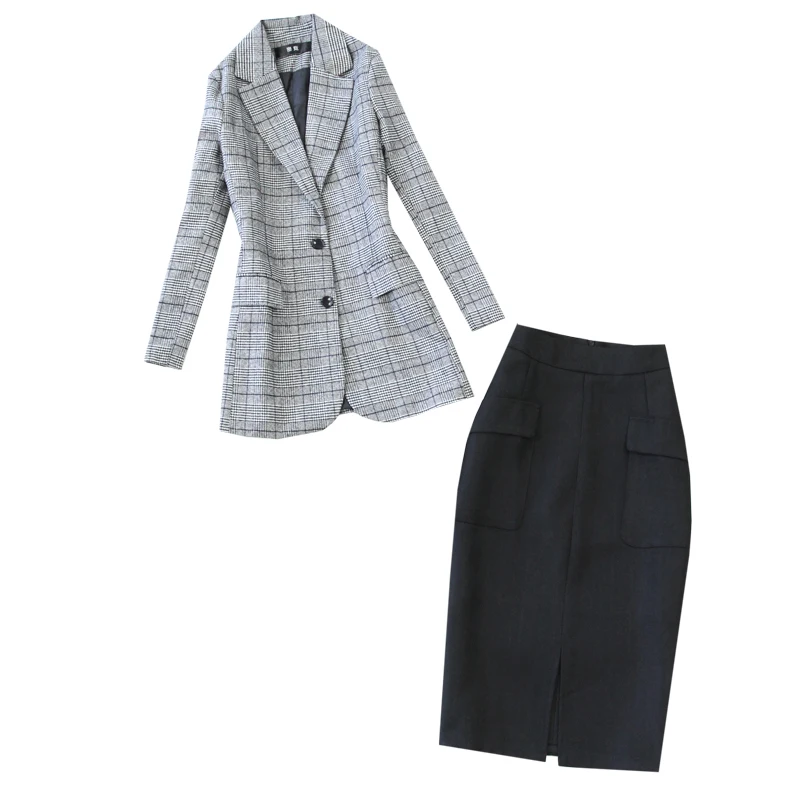

Winter women's suits high quality Elegant long single-breasted blazer Slim black high waist skirt suit Women's two-piece 2019
