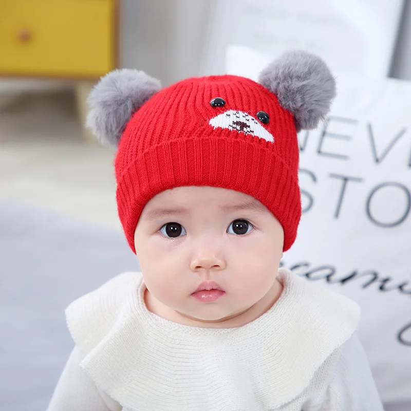 Новая Милая шапка для новорожденных с медведем, зимняя хлопковая шапка для девочки, мягкая теплая вязаная шапка-шапочки для малышей, шапка с рисунком для детей 3-18 месяцев