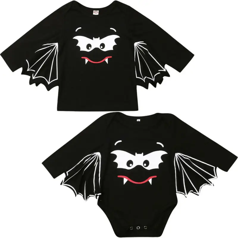 Newborn Baby Girl Boy Brother Sisters Halloween Bat Clothes Long Sleeve Romper T-Shirt Tops Cool Costume Party Clothes 3M-5Y