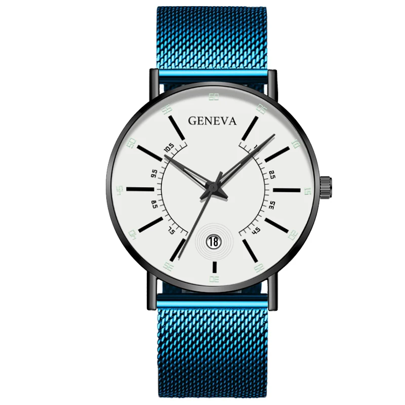 Blue White Relogio Masculino Модные мужские деловые минималистичные часы Роскошные ультра тонкие сетчатые часы из нержавеющей стали аналоговые кварцевые часы - Цвет: Blue White