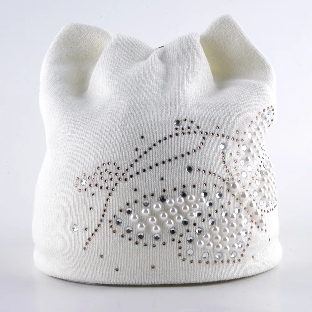 

Best Selling Women's Knitted Sleeve Cap Autumn and Winter Velvet Cat Ear Cap Ear Protection Warm Pearl Woolen Cap