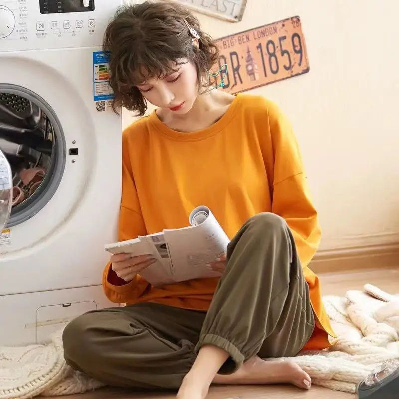 Новая весенняя одежда для сна большого размера, однотонная Пижама с круглым вырезом, женские повседневные пижамы, женская рубашка с длинным рукавом, ночная рубашка, 3XL - Цвет: ER886