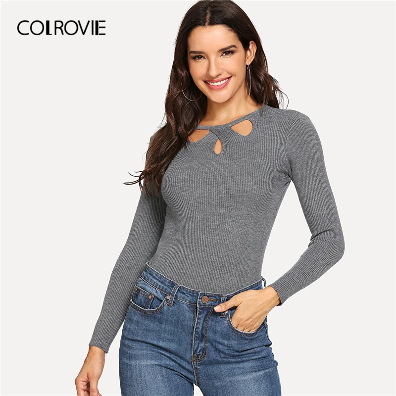 

COLROVIE Grey Keyhole Detail Solid Sweater Women 2019 Fall Fashion Elegant Basic Tops Long Sleeve Minimalist Casual Sweater