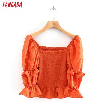 

Tangada women ruffle summer shirts half sleeve solid elegant office pleated strethy crop tops blouses 2XN14