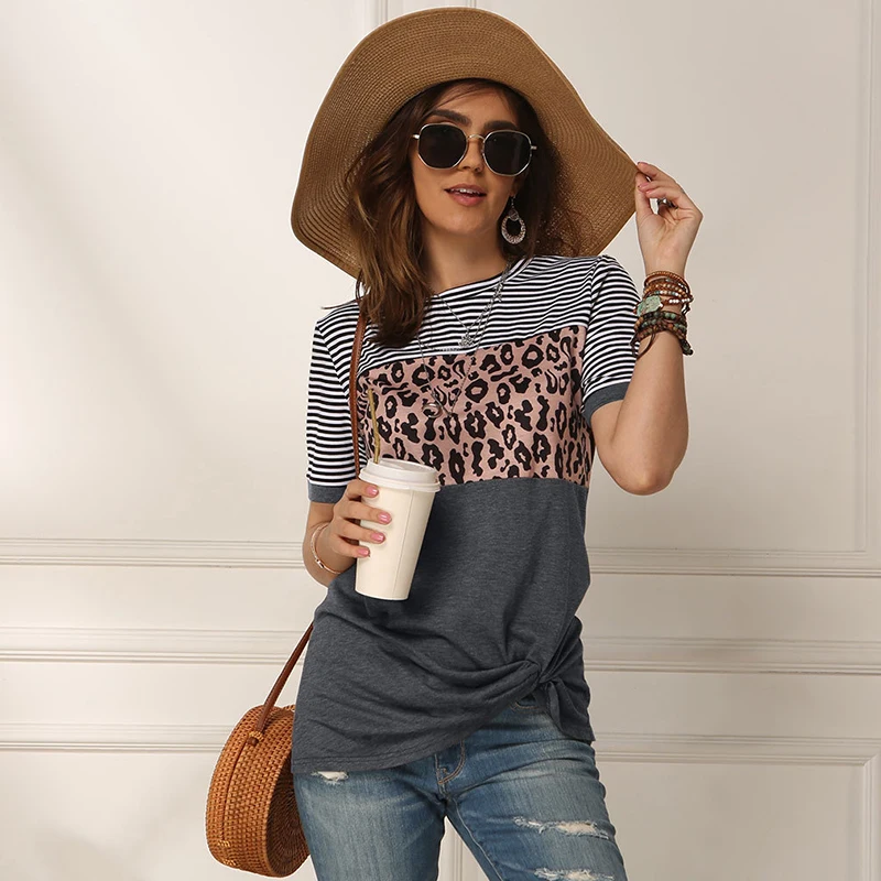 

Lady Fashion Stripes T-Shirt Stitching Clothes Summer Leopard Splice Printed T-Shirts Women Short Sleeve Tshirt Streetwear