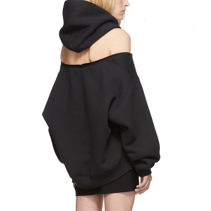 TWOTWINSTYLE Casual Loose Women's Sweatshirts Hooded Long Sleeve Zipper Backless Off Shoulder Sweatshirt For Female 2019 Fashion TWOTWINSTYLE Casual Loose Women's Sweatshirts Hooded Long Sleeve Zipper Backless Off Shoulder Sweatshirt For Female 2019 Fashion