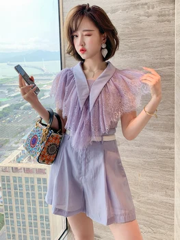 

Fashion Pointed Lapel Lace Embroider Jacket Waistband Waist Hugging Shorts Suit Women's Fashion Summer New Style