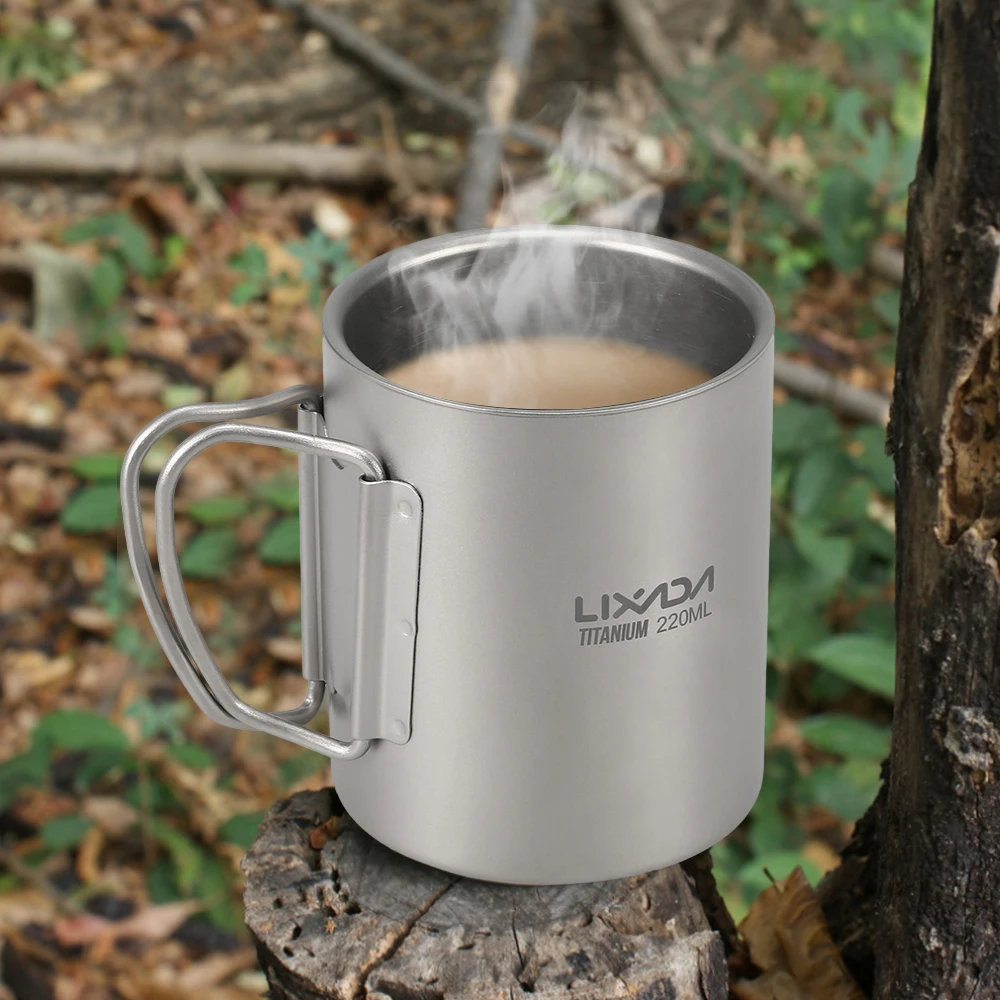 

Lixada 220ml / 450ml Titanium Mug Double Wall Camping Tablware Outdoor Picnic Cookware Coffee Tea Water Mug with Foldable Handle