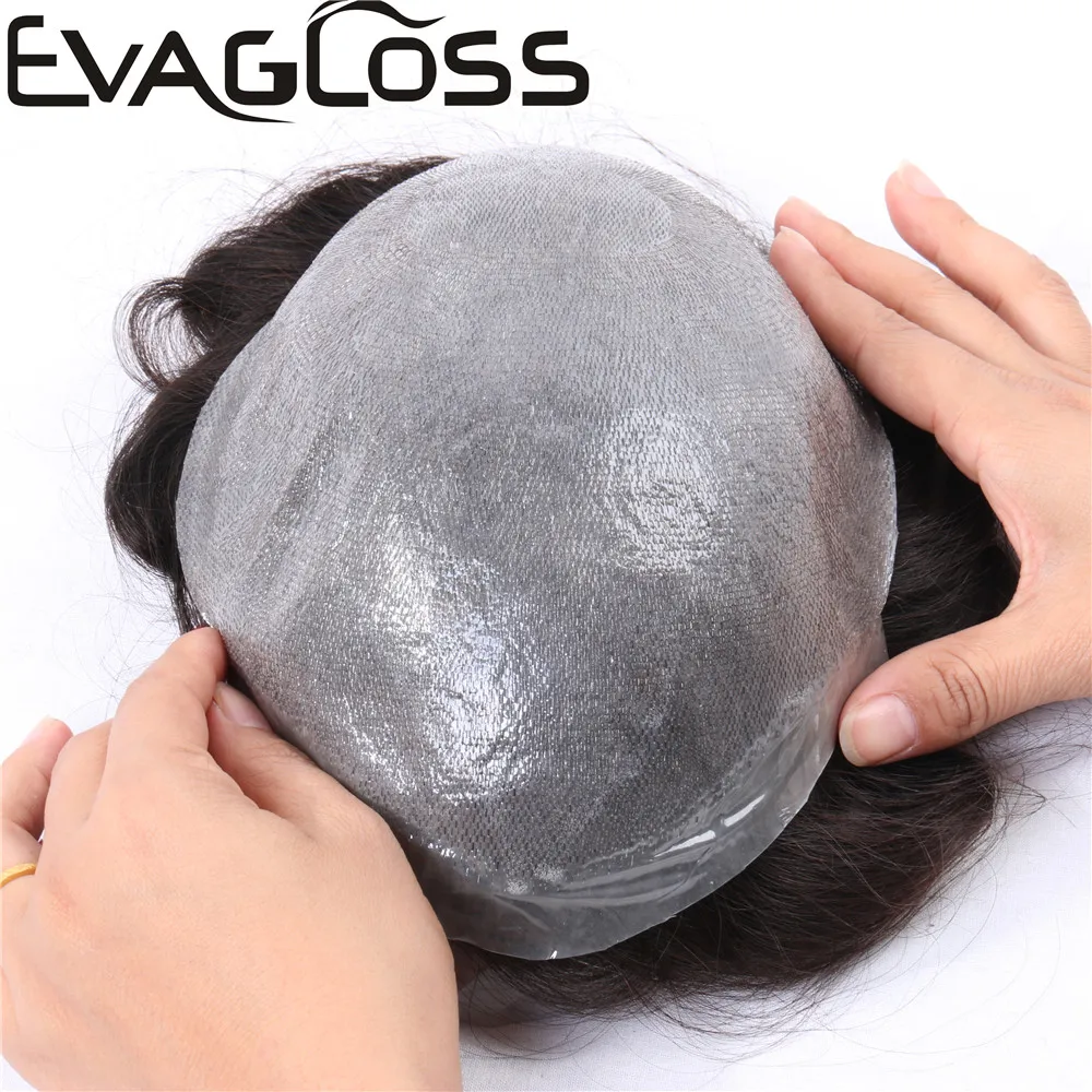 EVAGLOSS Indian Human Hair Men Toupee Thin Skin Mens Wig V Loop Replacement Hair Pieces System