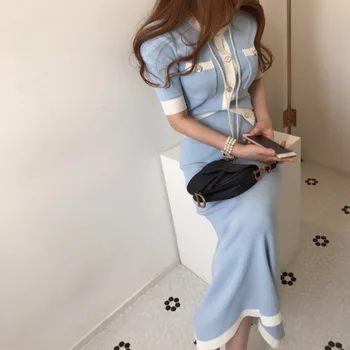 

2020 Summer Korean Elegant Knitted Two Piece Sets Women Short Sleeve Cardigans Top+Elastic Waist Long Skirt Suits Ladies Sets