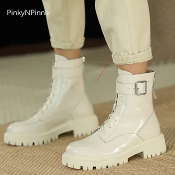 

hot sale winter genuine leather women ankle boots real wool lining strap platform street riding back zip warm plus size shoes