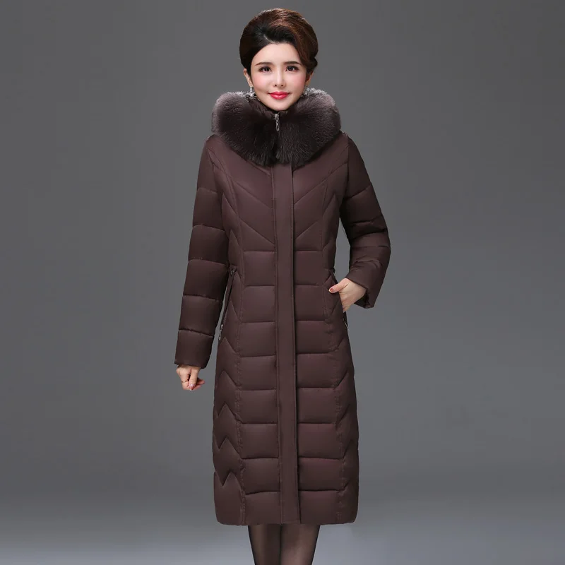Women Winter Long Down Cotton Jacket Parkas New Ladies Fur Collar Hooded Cotton-padded Coat Female Thicken Outerwear PP144 - Цвет: Коричневый