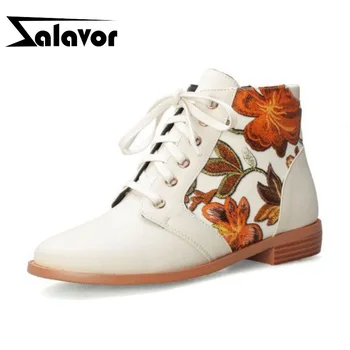 

ZALAVOR Ankle Boots Women Real Leather National Embroidery Flats Shoes Women Autumn Winter Warm Lace Up Short Boots Size 33-42