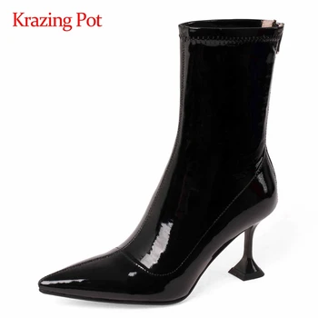 

Krazing pot stretch boots high street fashion pointed toe thin high heel zipper elegant lady nightclub dress mid-calf boots L87