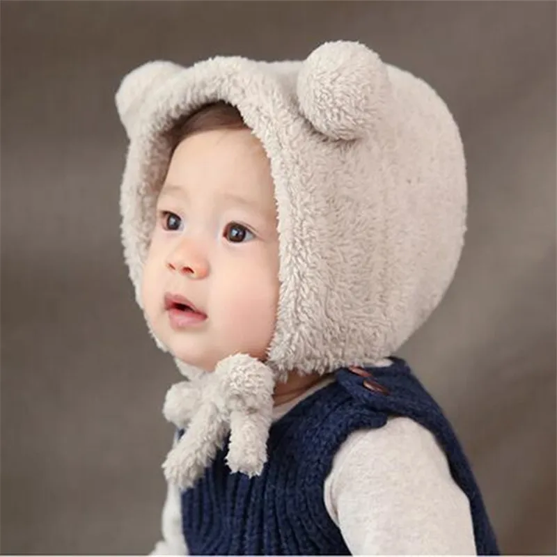 

1 Pcs Cute Autumn Winter Baby Cap Bonnet Children Knitted Kids Wool Cap Velvet Beanie Bear Plush Warm Ear Headgear Boy Toddler