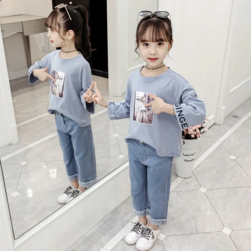 

Girls Cowboy Loose Pants Set Spring And Autumn 2020 New Style Children Autumn Set Western Style Casual Two-Piece Set Big Kid