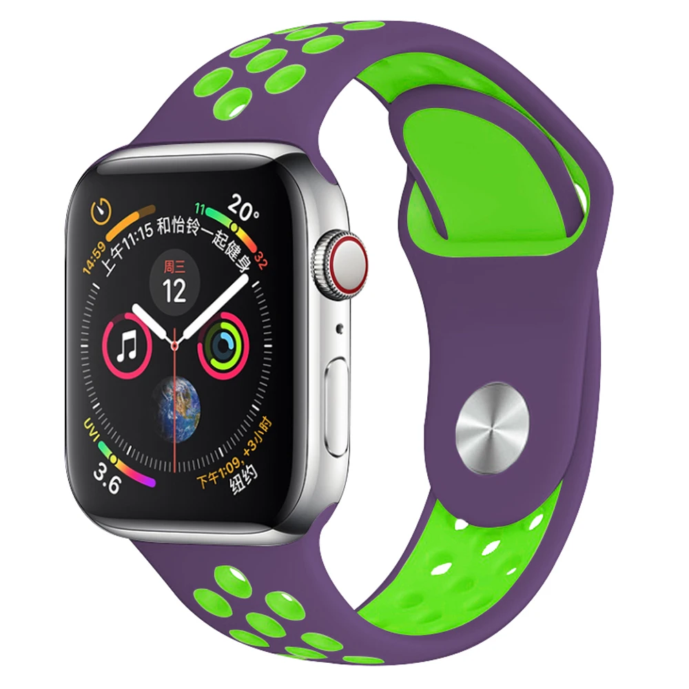 Purple Green 15 Силиконовый спортивный ремешок для наручных часов Apple watch, ремешок 38 мм 40 мм 42 44 мм наручные браслет, ремешок для наручных часов iWatch серии 4/3/2/1 женские полос - Цвет ремешка: Purple Green 15