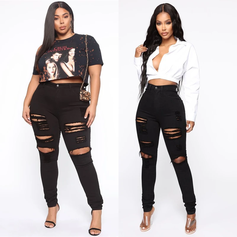 

Plus Size Ripped Hole Jeans Woman High Waist New Mom Denim Trousers Femme Streetwear Oversized Fat Jean Skinny Black Pencil Pant