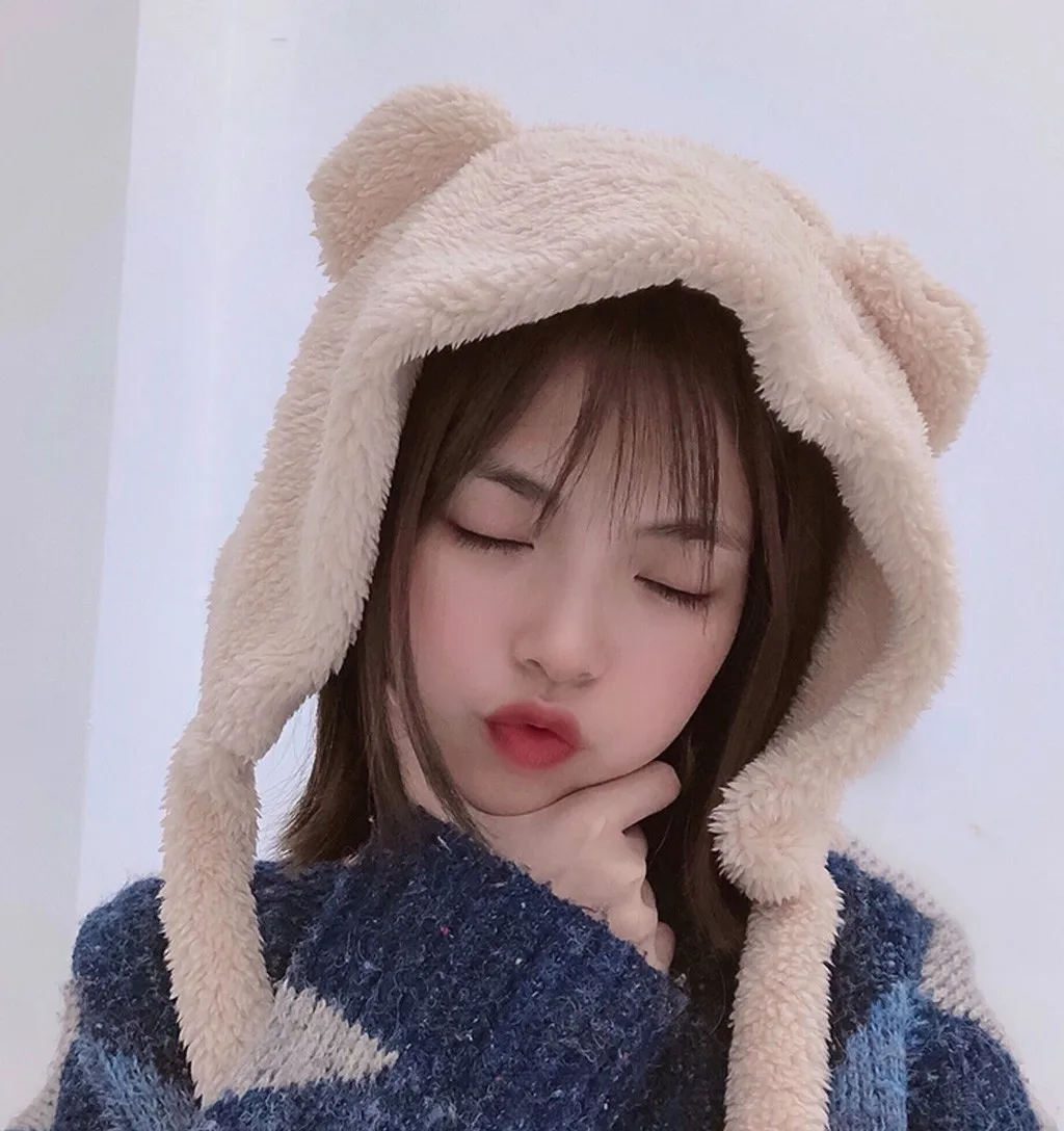 Удобные милые женские головные уборы с медвежьими ушками, плюшевые наушники с ушками для щенков, теплая шапка, модная уличная Лыжная Шапка Skullies