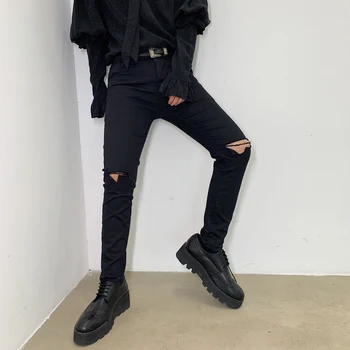 

Male Women Punk Gothic Streetwear Fashion Hip Hop Skinny Denim Pencil Pant Men Black Slim Fit Hole Ripped Jeans Trousers