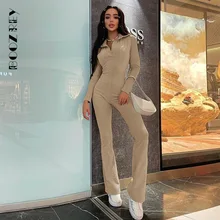

Casual Solid Lapel Slim Flared Pants Bodycon Jumpsuit Elegant Overalls for Women Ladies Commuter Long Sleeve Rompers