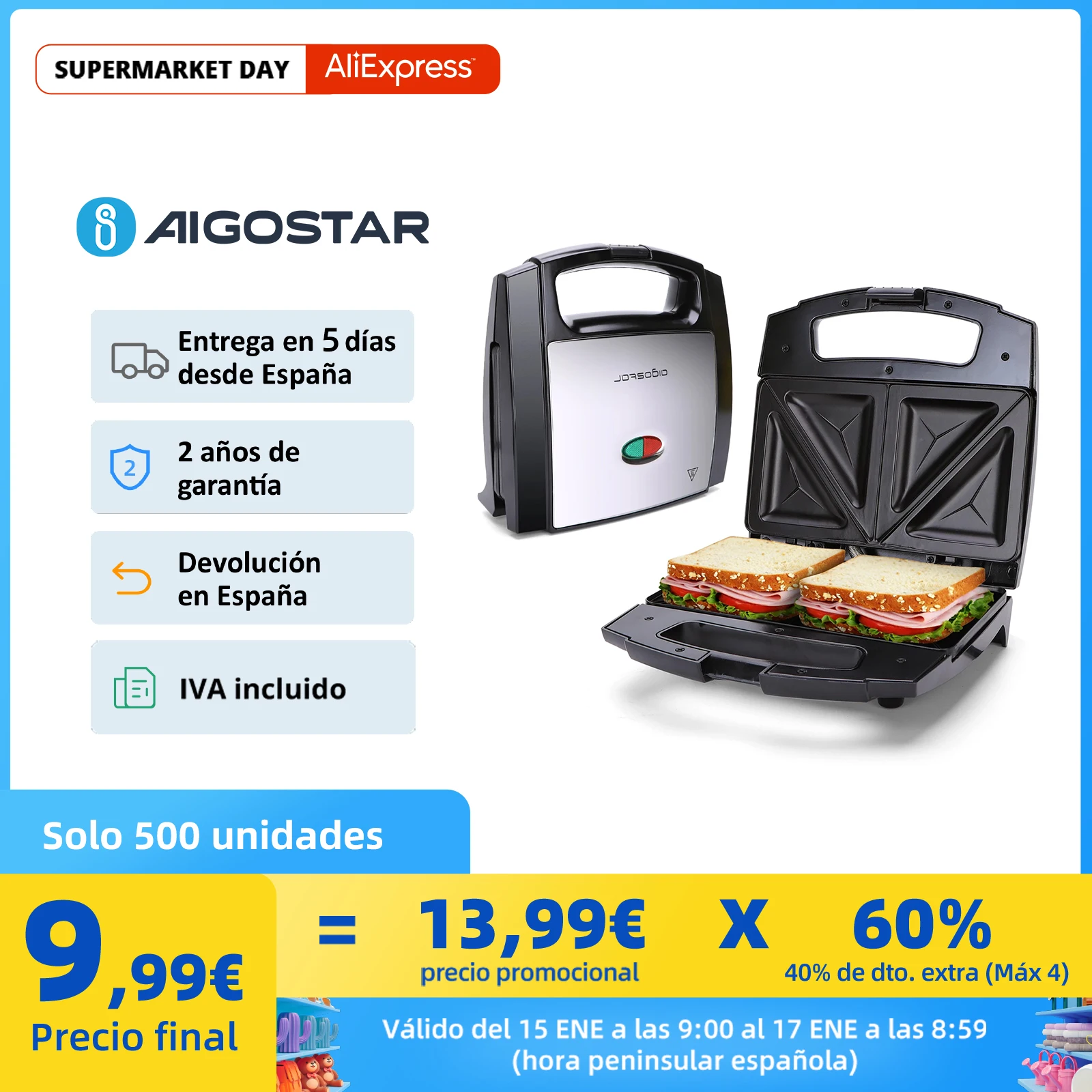 Aigostar Lamo 30RFU Sandwichera， 800W， revestimiento antiadherente， libre de BPA， almacenamiento vertical， piloto LED indicador temperatura， placas con forma triangular. Color acero y negro. - Top 100 hogar y jardín