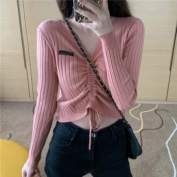 

Female Knitted Pullover Slim V Neck Sweater Women Letters Print Long Sleeves Sweaters