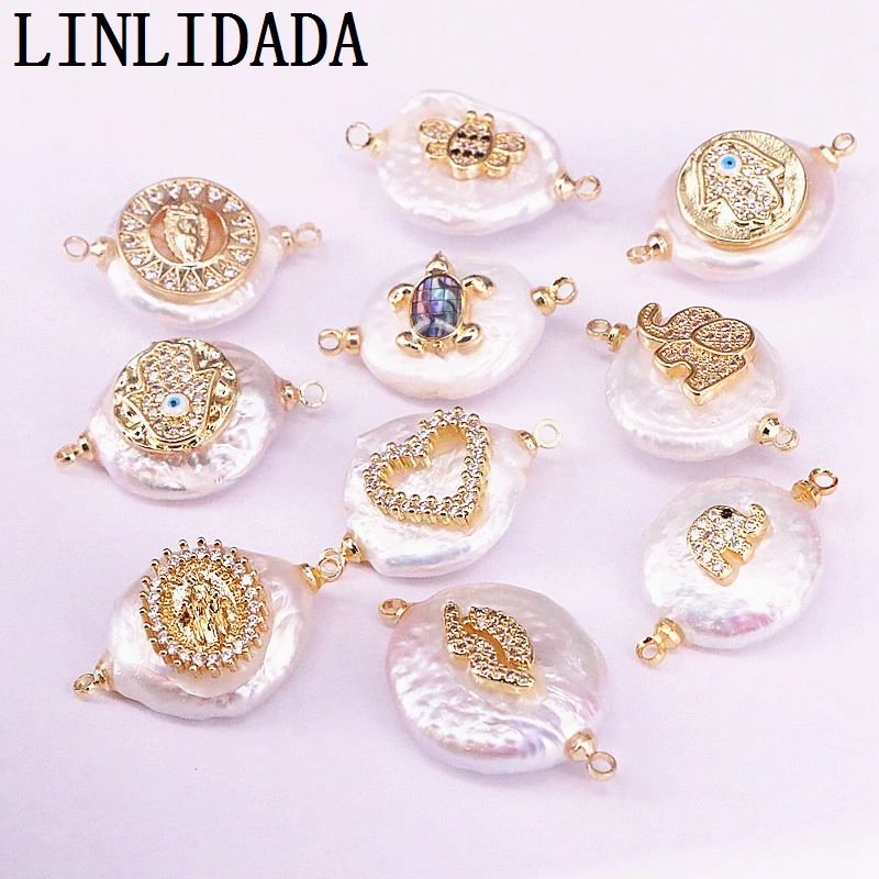 8Pcs New Cubic Zirconia Micro Pave Charm Round Freshwater Pearl Connector Bead Link Bracelet For Women Girl - Окраска металла: Connector