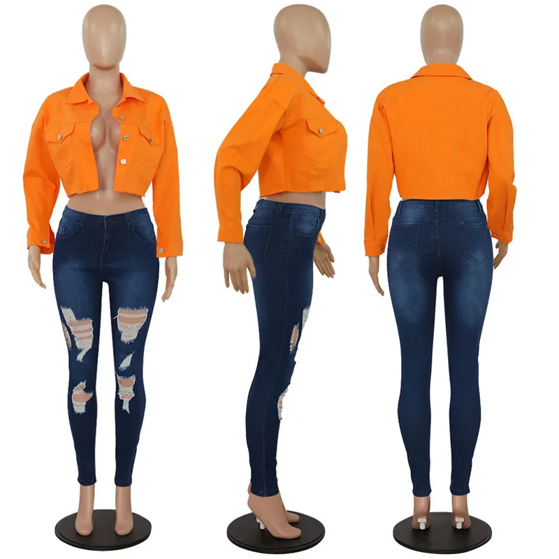 ANJAMANOR Jean Crop Bomber Jacket Neon Candy Solid Color Denim Coats and Jackets Women Wind Breaker Long Sleeve Outerwear D52AE2