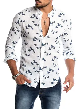 

Men's Casual Long Sleeve 3D Printing Linen Color Matching Stand Collar Shirt Man Slim Fit Plaid Blouse Fashion Long-sleeved