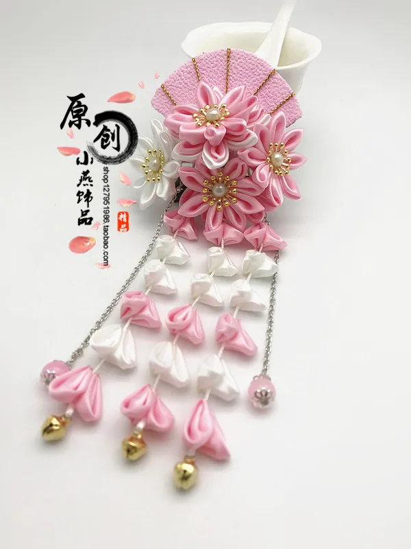 Японский винтажный ручной работы веер гейши цветок красный заколка для волос шпилька аксессуары для японской одежды firkete/Horquilla - Цвет: pink clip