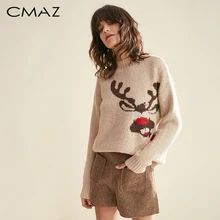CMAZ Элегантный классический осенне зимний теплый вязанный свитер с высоким горлом и длинными рукавами и принтом оленя. Образ на каждый день. Коллекция осень- зима MX18D5404