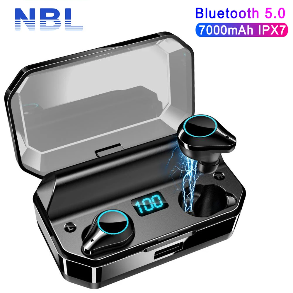 Bluetooth 5.0 Stereo Kopfhörer IPX7 Wasserdicht mit 7000mAh Ladebox TWS Ohrhörer 