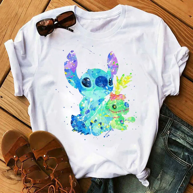 WT0431-White BONJEAN Lilo Stitch Harajuku Kawaii, женские футболки, модная футболка с милым мультяшным принтом, Женские повседневные топы, футболки - Цвет: WT0431-White