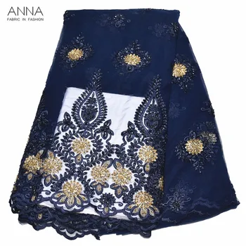 

Navy blue colour african lace fabric 2019 high quality lace beaded handmade embroidered lace 5 yards/piece for women party dress