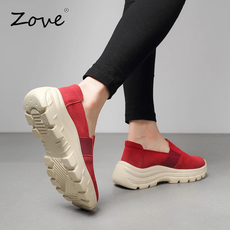 ZOVE/женские лоферы на плоской платформе; кроссовки; Модные осенние замшевые мокасины без застежки; женская обувь; Цвет Красный; chaussure; криперы