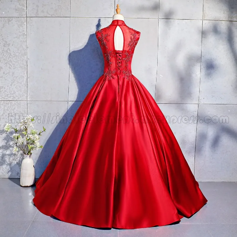 Один элемент красный атлас Высокая шея сладкий Vestido De 15 Anos De Quinceanera платья