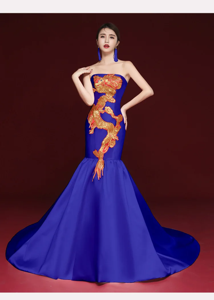 Синий шлейф сексуальный Cheongsam тонкий Qipao Vestidos азиатской невесты свадебные вечерние платья длинное платье