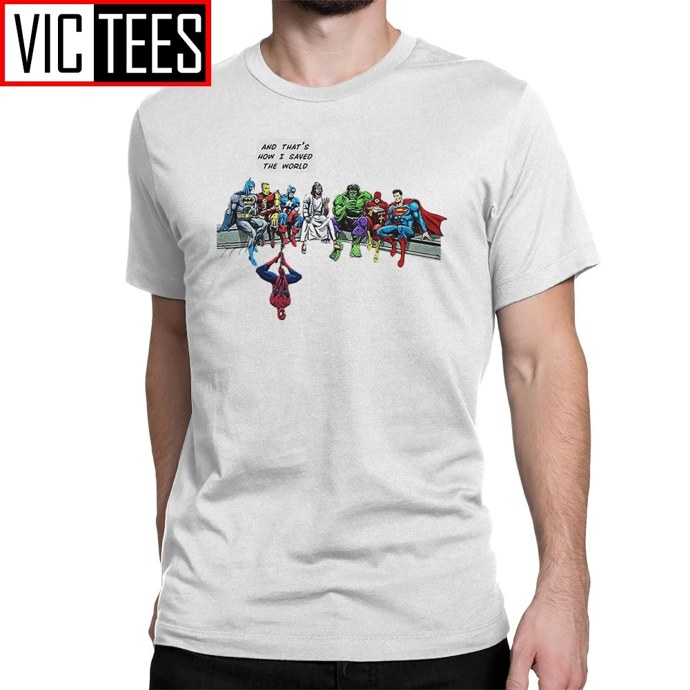 

Men's Captain America Spiderman Batman Superman And That Is How I Saved The World Jesus T-Shirts T Shirts Hip-hop Male Tees