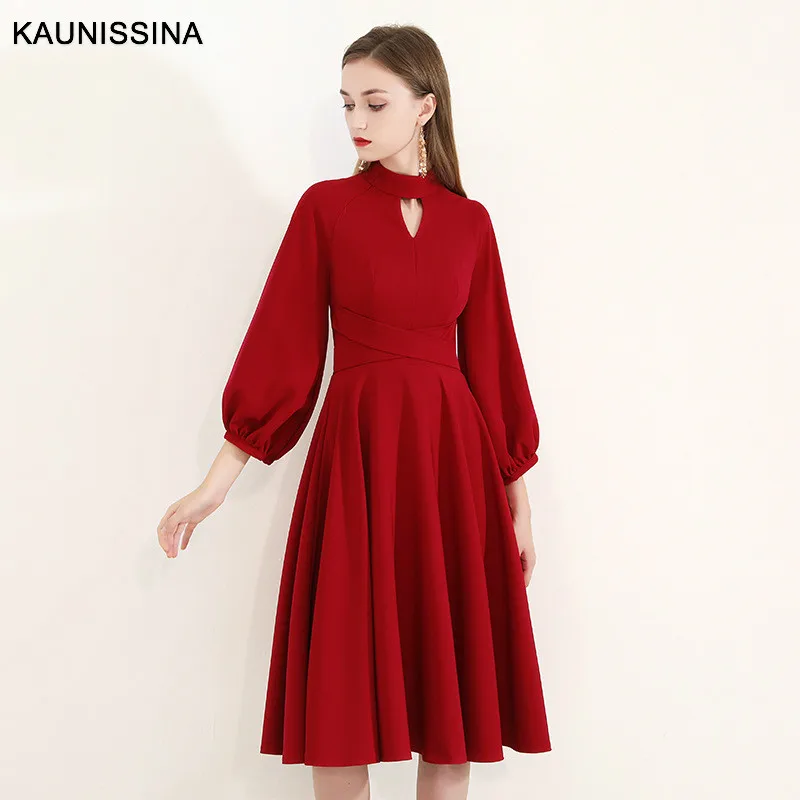 Wine Red KAUNISSINA, элегантные красные короткие коктейльные платья, 3/4 рукава, молния сзади, длина до колена, ТРАПЕЦИЕВИДНОЕ ПЛАТЬЕ, платье для встречи выпускников, Короткие вечерние платья - Цвет: Wine Red