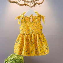 Модное платье для маленьких девочек; хлопковое платье принцессы без рукавов с круглым вырезом, бантом и цветочным принтом для маленьких девочек; H5
